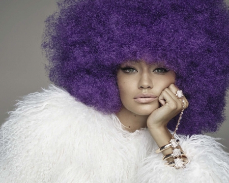 Gigi Hadid - face, purple, model, curl, jewel, girl, white, gigi hadid, fur, hand, hair, woman