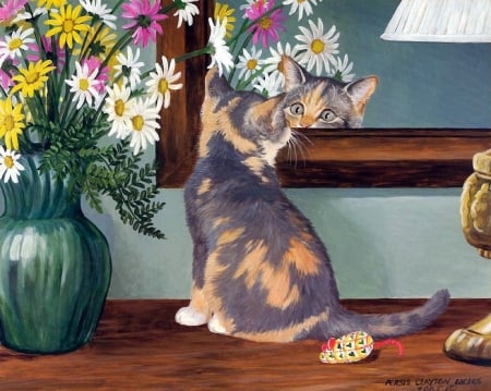 Curious - painting, persis clayton weirs, cat, mirror, luminos, pictura, pisica, flower