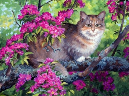 Cat - persis clayton weirs, cat, callie, summer, pisica, painting, pink, luminos, animal, pictura, green, flower