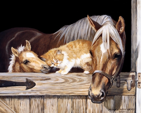 A new friend - persis clayton weirs, cat, pisica, medley in gold, painting, horse, pictura, animal, cal, cute