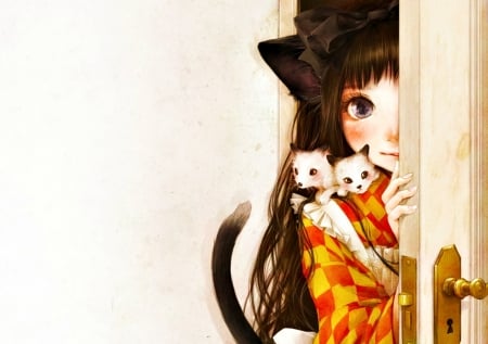 Nekko girl - girl, nekko, orange, cat, door, fantasy, pisica, kitten, cute, art