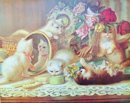 Kittens - stuff, cat, room, pisica, kitten, painting, art, mirror, vintage, pink, pictura, cute