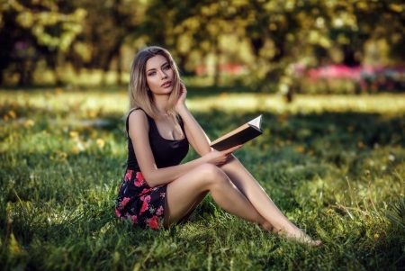 Reading a book - girl, women, skirt, Model