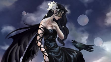 Dark Angel And Her Raven - fantasy, birds, angel, raven