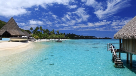 Moorea Beach Resort - huts, sky, clouds, palms, tahiti, sea