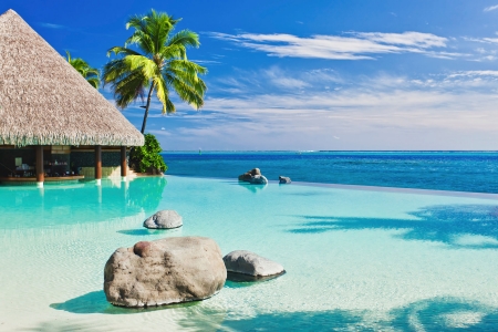 Tahiti - clouds, beach, sea, sky, palm