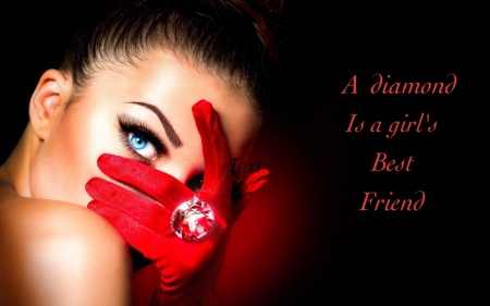 Diamonds are a Girl's Best Friend - Female, diamond, eyes, Lovely, Red gloves, woman, jewelry, ring, face, alluring