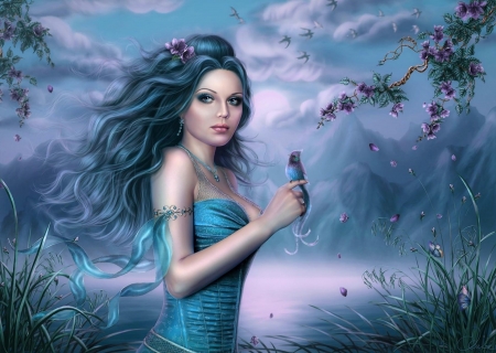 Blue bird - fantasy, pasare, bird, pink, luminos, girl, blue