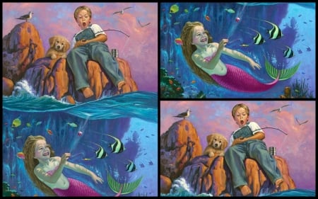 :) - summer, will cormier, collage, dog, children, pink, boy, mermaid, joke, art, luminos, fisher, girl, sea, pictura, funny, underwater, painting, cute, little, fish