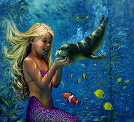 Little mermaid and her friend - sirena, summer, will cormier, sea, copil, child, pictura, animal, underwater, painting, cute, little, fish, art, luminos