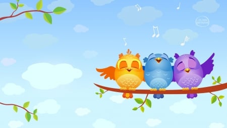 Singing birds - bird, branch, blue, vector, pink, orange, colorful, pasare, sky