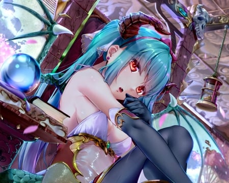 Hatsune Miku - hatsune miku, girl, fantasy, horns, halloween, xuanlin jingshuang, luminos, blue, anime, vocalid, manga, demon