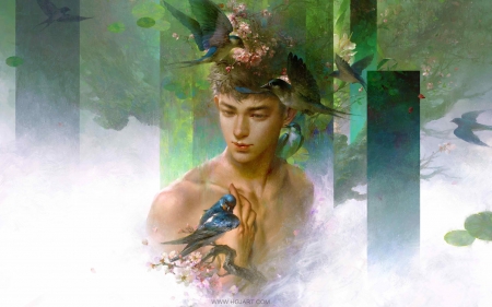 Bird boy - fantasy, pasare, gjart, guangjian huang, bird boy, man, art, luminos