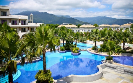 Papago Resort, Taitung, Taiwan - palms, mountains, pool, resort