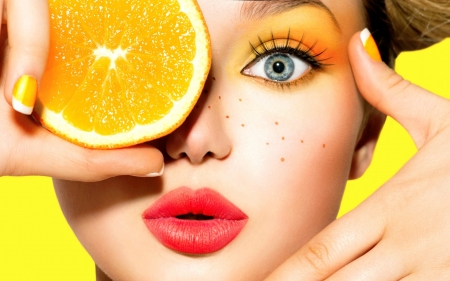 Beauty - woman, girl, eye, freckles, model, fruit, face, orange, cute