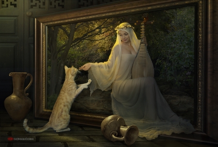 :) - frame, girl, cat, duongquocdinh, fantasy, instrument, pisica, animal, kitten, woman, model, asian