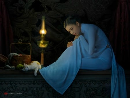 Pensive - blue, girl, lamp, light, cat, duongquocdinh, fantasy, pisica, animal, sleep, model, cute, asian