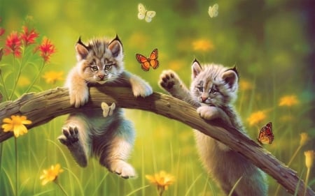 Lynx Kittens and Butterflies - painting, and, kittens, lynx, butterflies