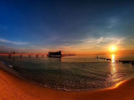 Curve Beach at Sunset - nature, sky, beach, curve, sunset, sea