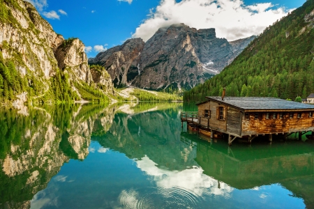 Lake Braies-Italy - hills, Braies, cabin, landscape, tranquil, forest, reflection, mountain, calmness, mirror, lake, beautiful, lovely, wooden, Italy, serenity, rocks