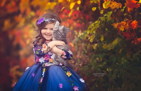 Little girl with cay - autumn, cat, girl, child, copil, pisica, meg bitton, blue, orange, animal, dress