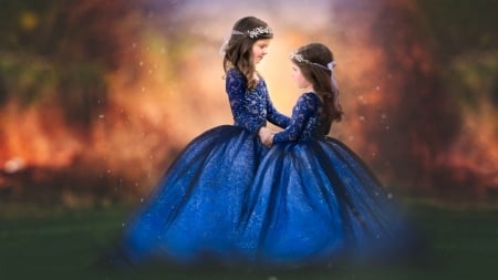 Little princesses - princess, girl, couple, copil, meg bitton, children, blue, sister, little, dress