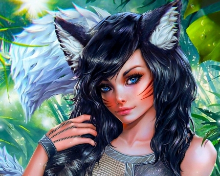 Ahri - alexandra cvetkova, girl, frumusete, fantasy, face, fox, ears, hand, luminos, league of legends, nine tails, ahri