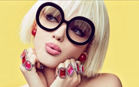 Beauty - woman, glasses, lips, girl, jewel, ring, model, face, yellow, pink, hand, blonde