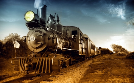 nastolgic steam train - steam, locomotive, train, flag