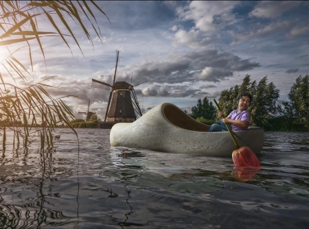 :) - holland, water, summer, shoe, mill, boat, flower, creative, copil, tulip, child, boy, fantasy, funny, situation