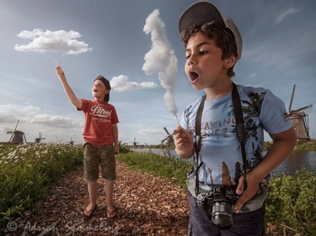 :) - hat, summer, adrian sommeling, children, creative, copil, boy, fantasy, funny, cloud, situation, cotton candy, couple