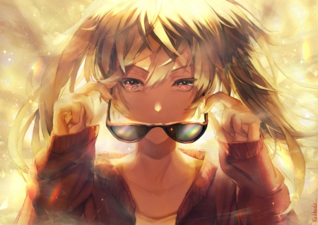 Hatsune Miku - anime, red hod, girl, eyes, hatsune miku, manga, hand, glitter, face, sunglasses