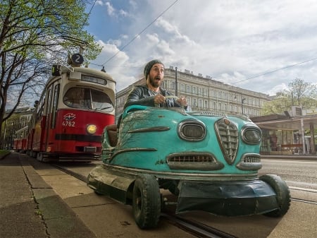 :) - street, funny, road, fantasy, creative, car, situation, red, adrian sommeling, man, green, city