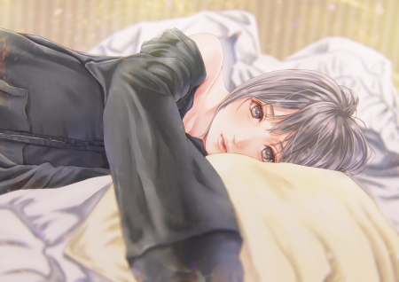 Girl - manga, anime, grey, bed, white, realistic, kinoebi, girl