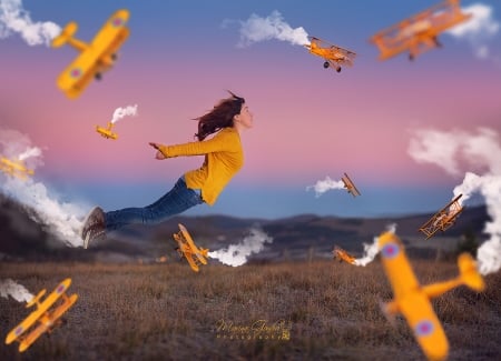 Flying - airplane, yellow, girl, flying, marina gondra, creative, toy, dream, fantasy, woman, model, situation