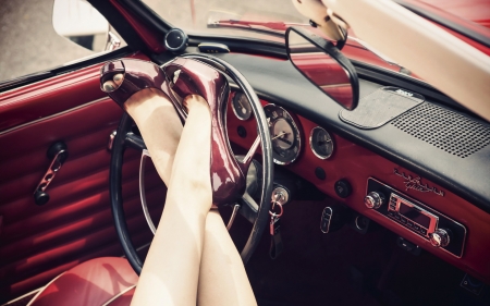 Red stilettos - woman, accessories, stuff, stilettos, legs, car, vintage, red, shoes, retro