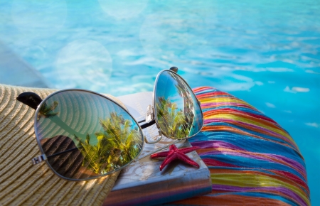 Happy Summer! - accessories, water, summer, blue, sea, reflection, pink, starfish, pool, sunglasses