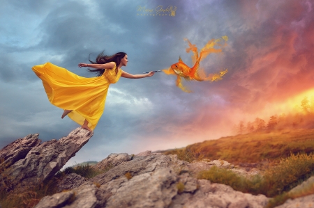 Brushstrokes in the sky - summer, blue, dress, girl, marina gondra, creative, fantasy, wind, woman, model, golden, fish, sky