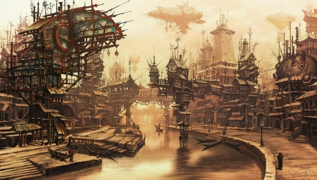 Village Steampunk - art, river, airship, buildings, boat