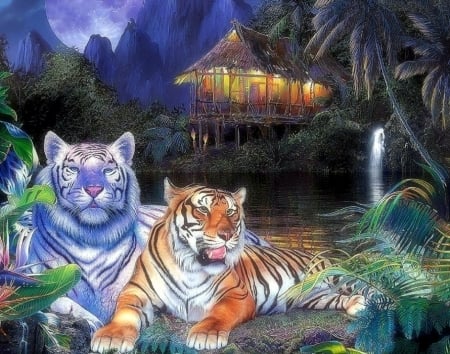 King's Land - summer, attractions in dreams, paintings, valley, big wild cats, forests, nature, cottages, tigers, mountains, lakes, love four seasons, animals