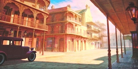 princess and the frog - princess, street, building, car, frog