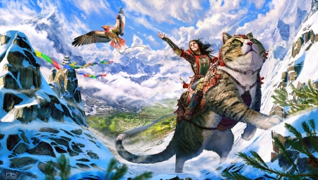 Journey's start - sky, journey, fantasy, pasare, white, art, giant, cloud, luminos, jeffrey rex, cat, girl, winter, pisica, bird, anumal, blue, snow