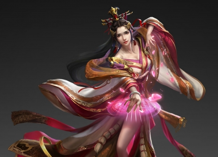 fantasy girl - magical, pink, fan, game, girl, frumusete, fantasy, li miao, hand, asian