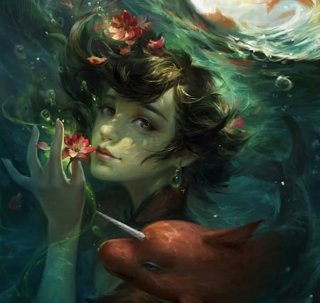 Mermaid - girl, frumusete, summer, su fu, fantasy, underwater, red, luminos, mermaid, fish, sirena, green, flower, unicorn