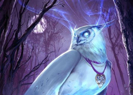 Magical owl - moon, pendant, magdalena radziej, night, fantasy, pasare, bird, purple, luminos, bufnita, blue, owl, luna