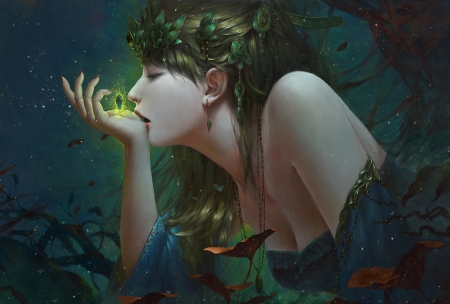 Fantasy girl - fantasy, hand, green, girl, magical, art, luminos