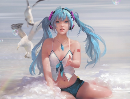 Hatsune Miku - anime, vocaloid, summer, blue, beach, hatsune miku, seagull, pasare, art, luminos, realistic, water, girl, sea, taejune kim, manga, white