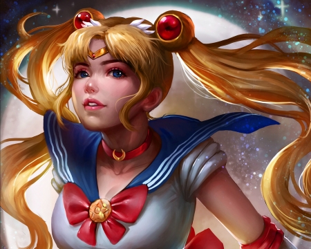 Sailor Moon - moon, norman de mesa, girl, sailor moon, white, anime art, bow, yellow, red, blue, luminos, luna, blonde, manga