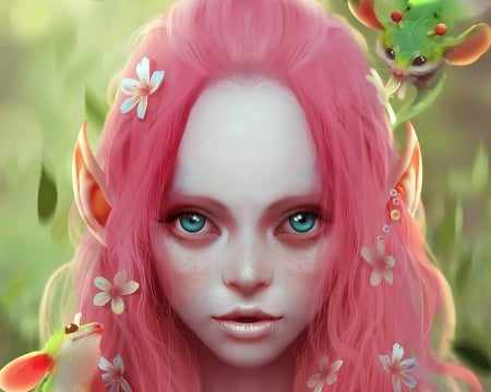 Fairy - face, pink, girl, frumusete, creature, fantasy, fairy, blue eyes, hall hsu, luminos, green