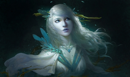 Fantasy girl - face, portrait, black, elf, art, white, fantasy, shu zhixue, luminos, green